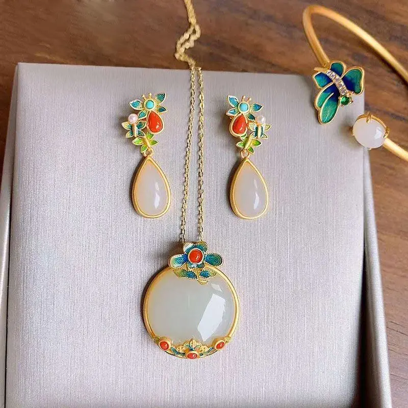 

Natural Hetian white jade Drop Earrings Chinese Style retro national style colorful flowers elegant fairy silver jewelry