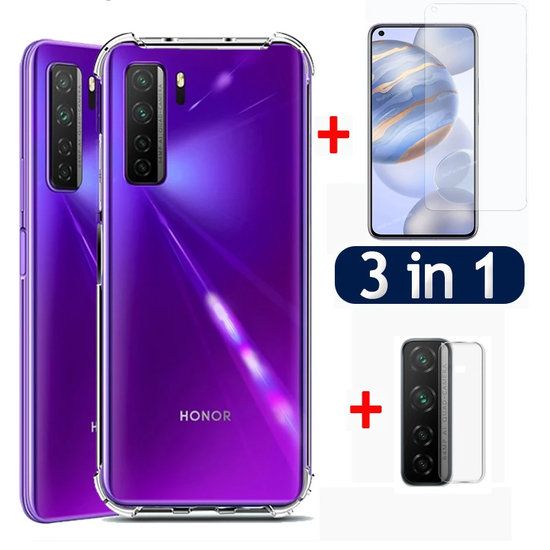 3 в 1 чехол + стекло объектив для Huawei Honor 30 30s защитный 20 20Pro V30 View Pro 10i 8x8s 8c 9a 9c