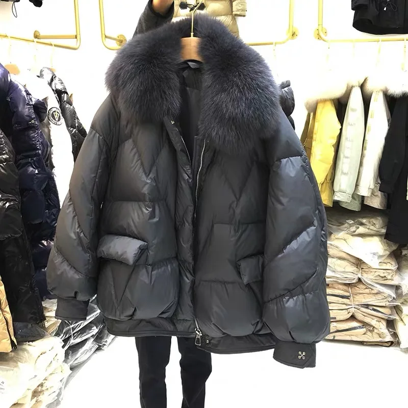 

Parker Coat 2021 New Imitation Natural Fox Fur Collar Loose Large Size White Duck Down Jacket Ladies Winter Jacket