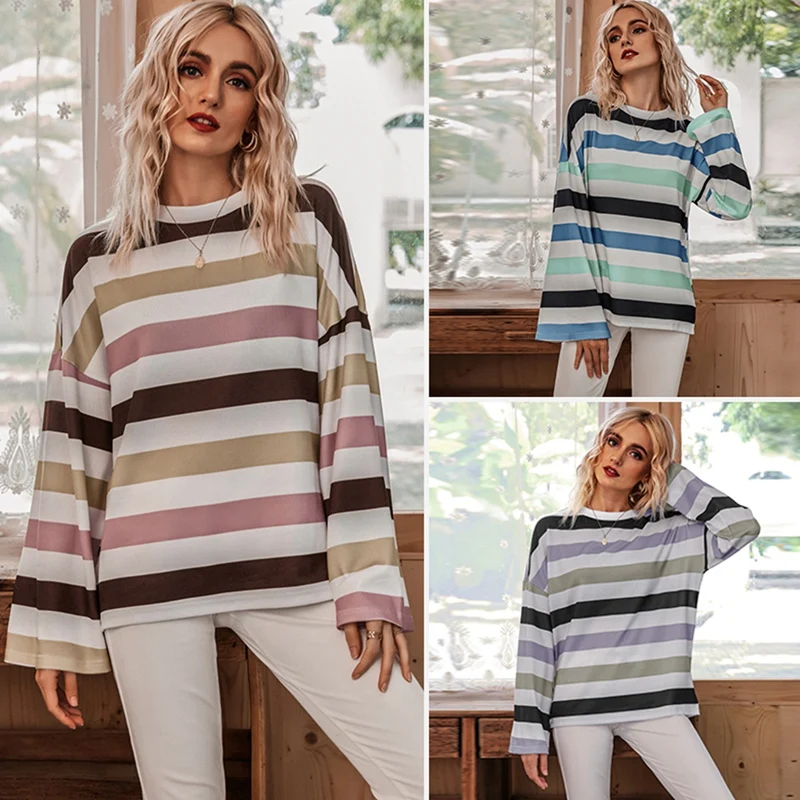 

Pullovers Women Soft O-Neck Sweaters Chic Daily Tops Womens Pullover Sweet Striped Knitted Loose Tops