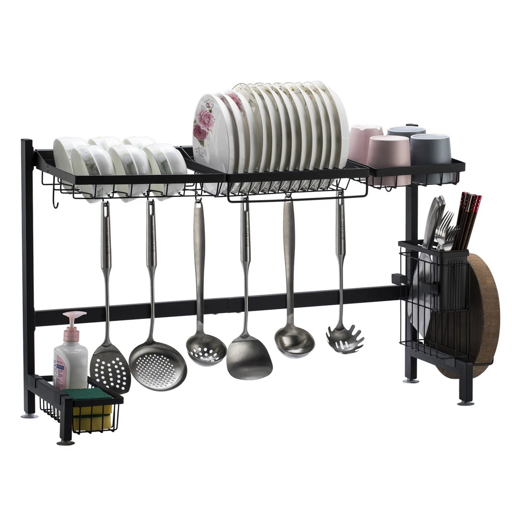 

Black Kitchen Bowl Rack Shelf Multifunction Plates Dish Storage Holder Home Chopping Board Dinnerware Organizer Stainless Steel