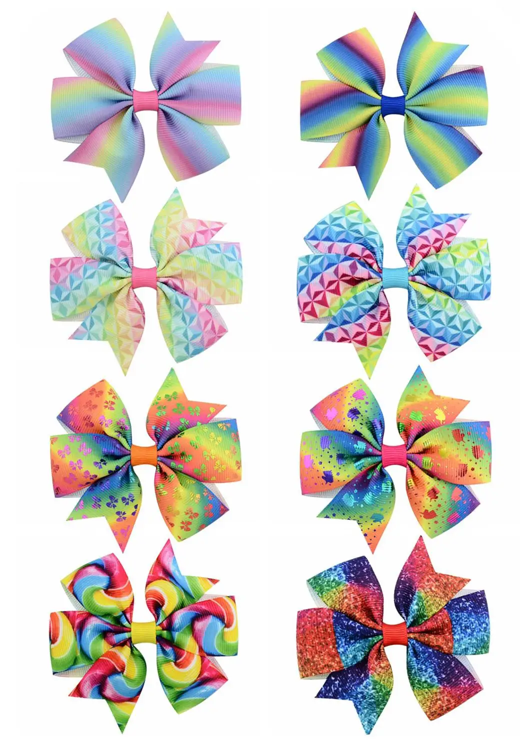 

New Fashion Hot 8pcs/lot Kids Gradient Rainbow Bow Unicorn Print Headwear Shinny Hairpins Hair Clips Hair Accessories 853