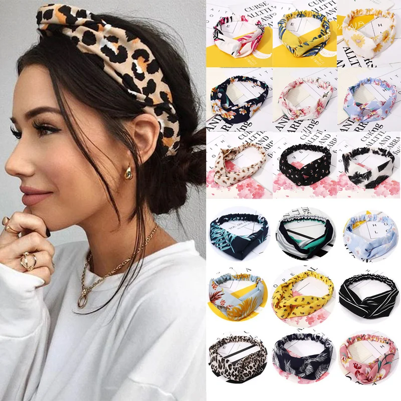

Women Hair Accessories for Girls Fashion Headband Fabric Cross Knotted Bow Chiffon Floral Hair Band Korea Headdress Ladies Hoop