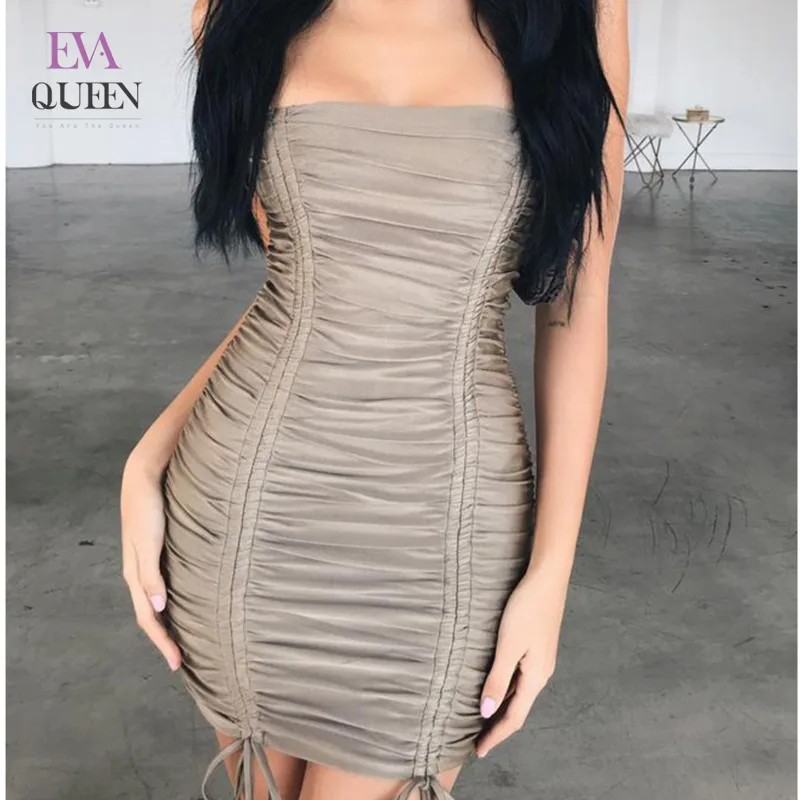 

EvaQueen Ruched Drawstring Solid Mini Dress Women Spaghetti Strap Soft Bodycon Dresses Backless High Waist Sexy Party Vestidos