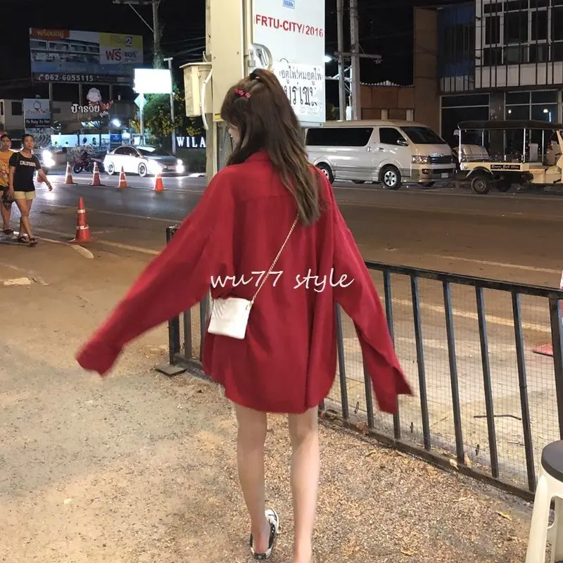 Autumn Womens Loose Blouse Shirts Blusas Long Sleeve Pockets Solid Oversized Blouses Vintage Women Tops Red Wine Outwear Femme |