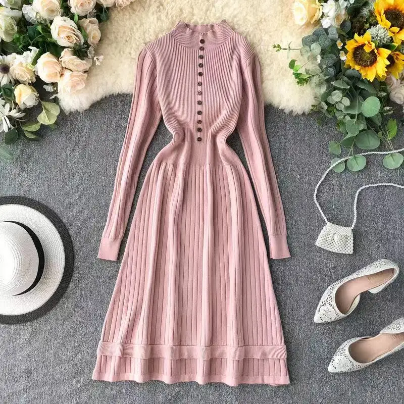 

Women Autumn Knitted Dress TurtleNeck Solid Slim Elastic Oversized Basic Ruffles Bodycon Dress Winter knit Warm Sweater Dress