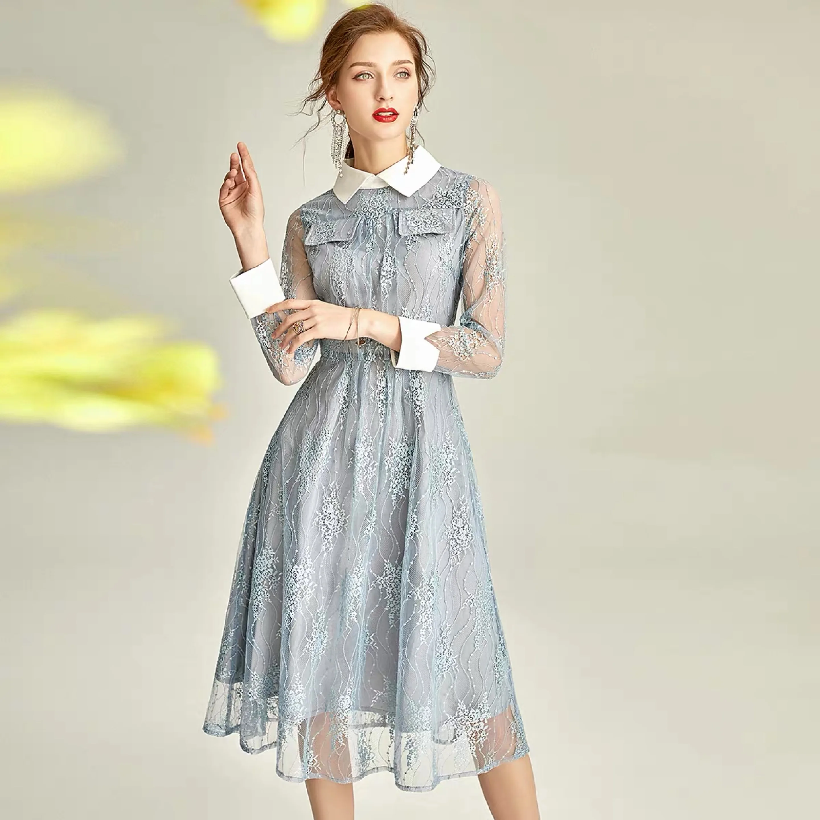 

New Women's Cocktail Dresses Long Sleeve High Qualit Fashion Party Work Casual Gown Embroidery Commuter Wedding Guest Dress 2021