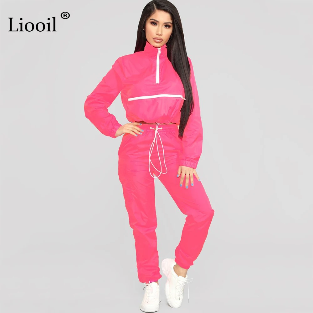 Розовый Liooil Neon Green/женская одежда комплект из двух предметов, спортивный костюм осень, укороченный топ с длинными рукавами на молнии и спортивные штаны, комплекты для бега - Цвет: Розовый