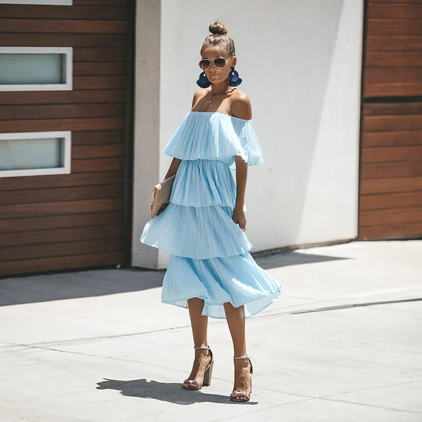 JuneLove Boho Loose Cake Summer Women Dress 2020 Elegant Beach Off Shoulder Holiday Sexy Ruffle Strapless Midi | Женская одежда