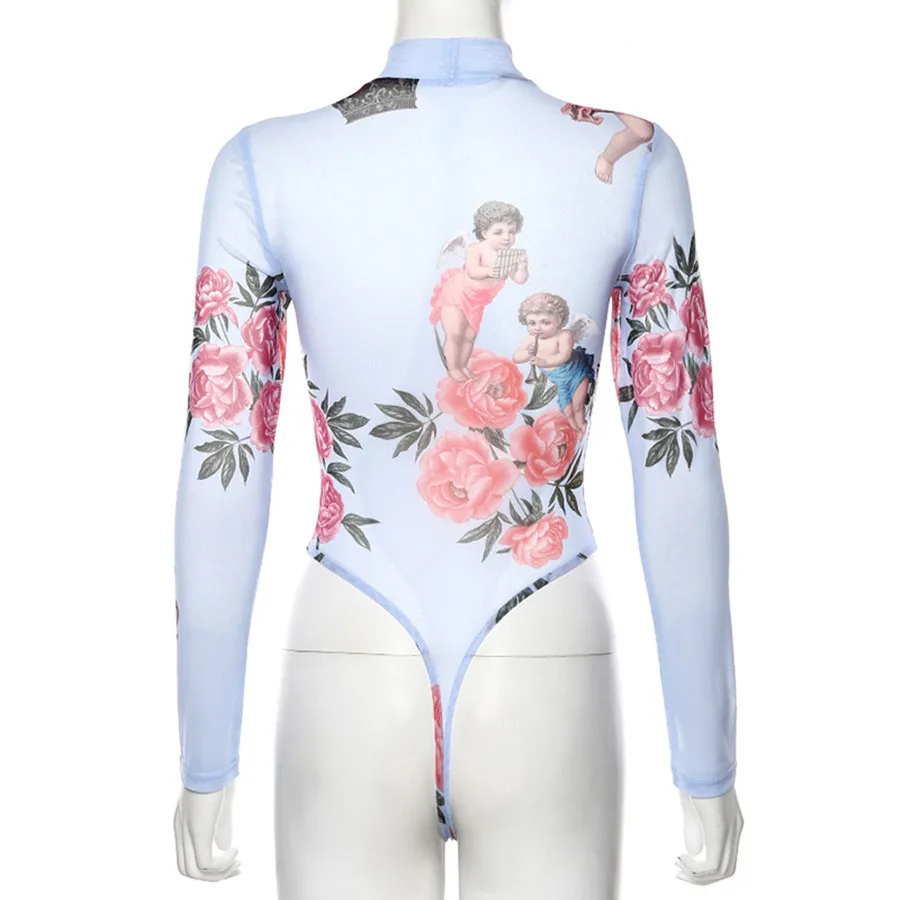 

Sexy Mesh Print Bodysuit Tops Women 2019 Autumn Transparent Full Sleeve High Neck Bodys Streetwear Bodycon Playsuits Outfits