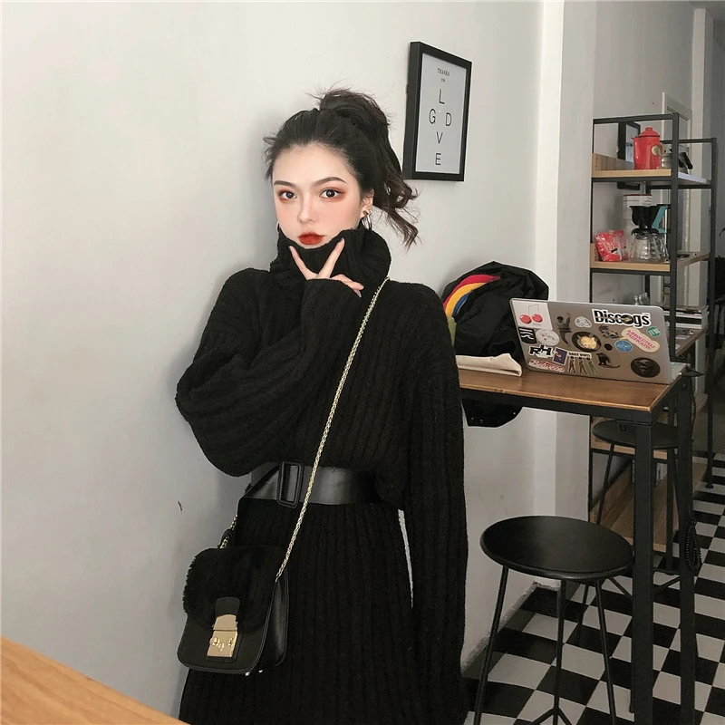 Модное черное платье-свитер, женские длинные топы, новинка, свитер с высоким воротом, женский пояс, тонкий пуловер, вязаное платье, Vestido JIN23