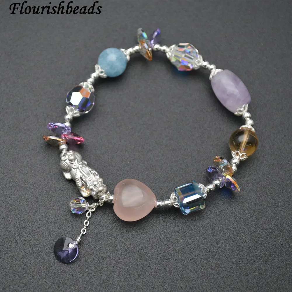 

Wholesale 2019 Chinese Pig Year Jewelry Multi Natural Quartz Gemstone Beads 925 Silver Charm Stretch Bracelet for Woman