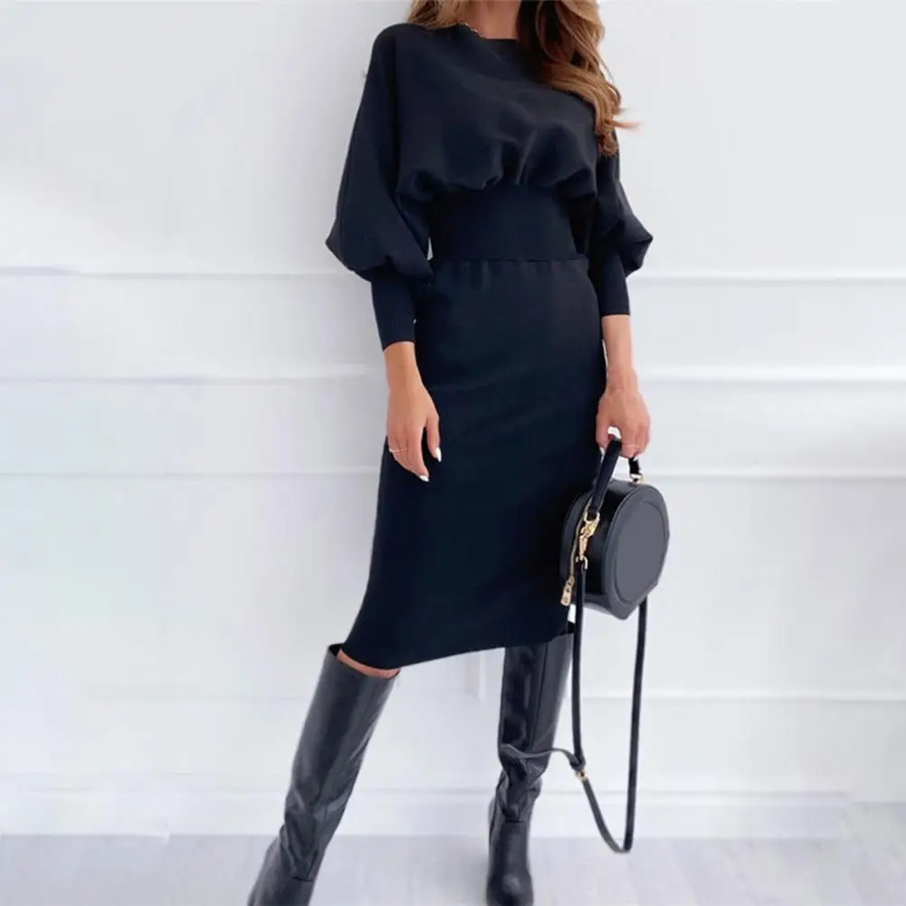 

Autumn Christmas Casual Dresses for Women 2021 Solid Color Lantern Sleeve Elastic Waist Tight Waist Knitted Sheath Dress