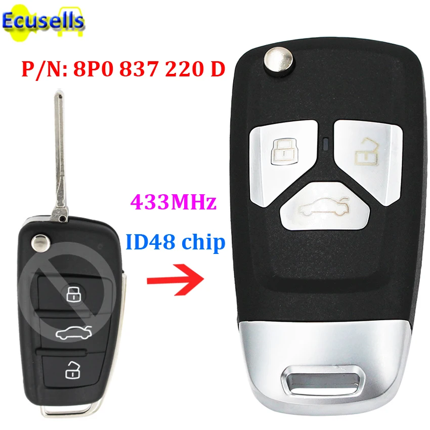 Upgraded Flip Remote key fob 433MHz ID48 chip for Audi A3 S3 cabriolet RS3 TT TTS TTRS P/N: 8P0 837 220 D HU66 uncut blade | Автомобили и