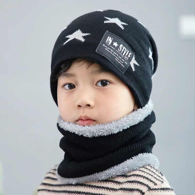 Gorro de lana de invierno para niños, cubierta de cuello, versión coreana, grueso, cálido, tejido, gorros para bebés, conjunto de bufanda
