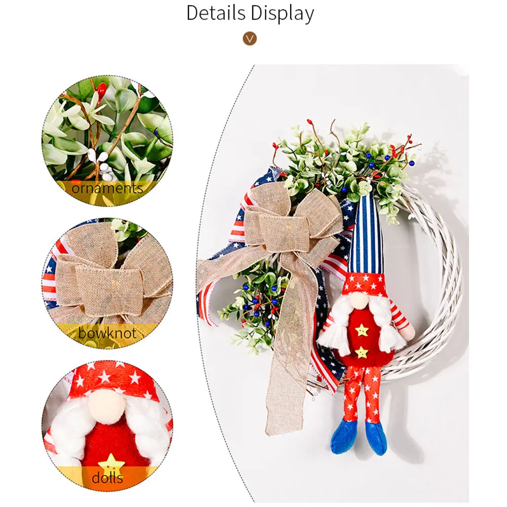 

Independence Day Wreath Patriotic Gnome Wreath Decorations Hanging Garland for Front Door Outside Walls Living Room Style2