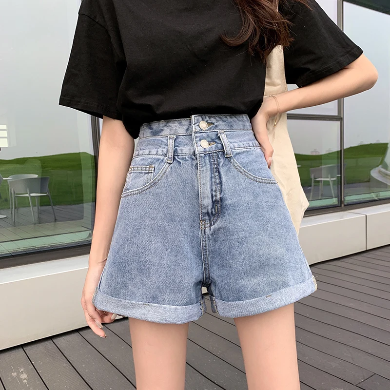 

Double Buckle High Waist Denim Shorts 2020 Summer Korean Style Loose Slimming Light Color Black Wide Leg Shorts Women's Fashion