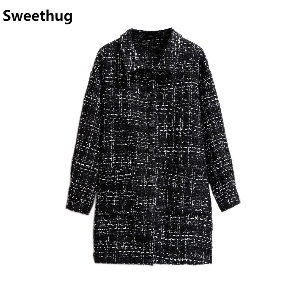 

150KG New autumn winter plus size coat for women large long sleeve casual loose lapel plaid long coats black 3XL 4XL 5XL 6XL