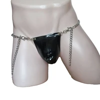 male sexy wet look patent leather bulge pouch g string bikini metal chain waist restraint shorts underwear fetish lingerie men