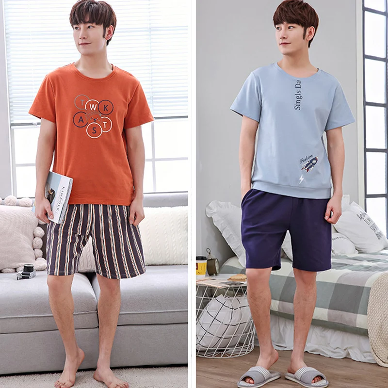 

10 цветов, летний пижамный комплект для мужчин, короткий рукав, банный халат с круглым вырезом, 2 предмета, хлопковый низ, Мужская домашняя оде...