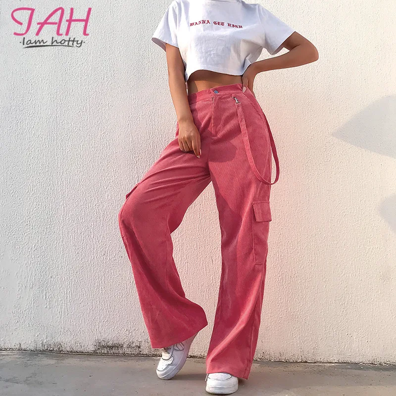 IAMHOTTY Винтаж вельветовые Штаны с высокой посадкой Для женщин большой карман ленты