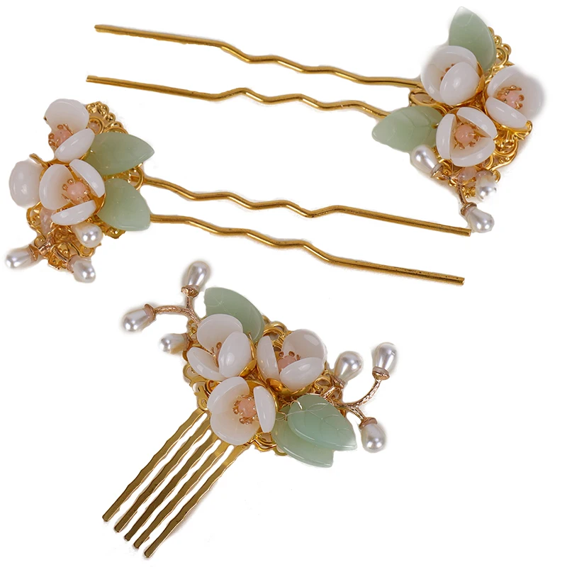 

QIANJI 2019 Hanfu hair accessories full set of hairpins pearl flowers gorgeous classical fairy Hanfeng headdress