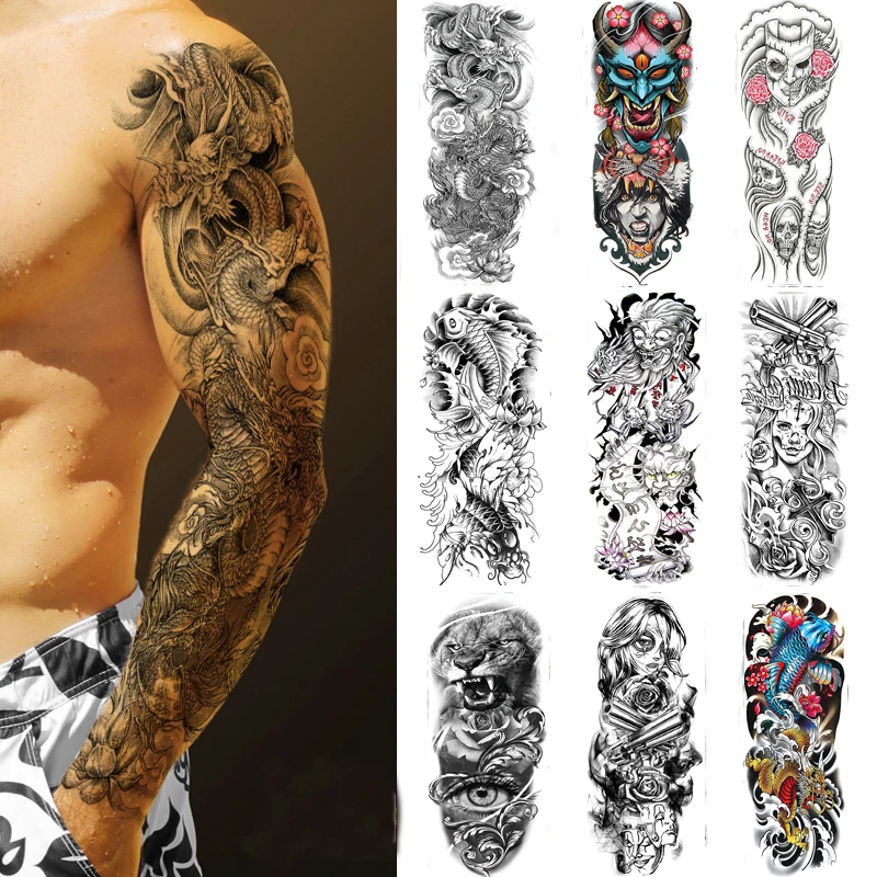 

14 видов конструкций водонепроницаемые временные тату-наклейки на всю руку, с большим черепом, наклейки на тату в старую школу, временные тат...