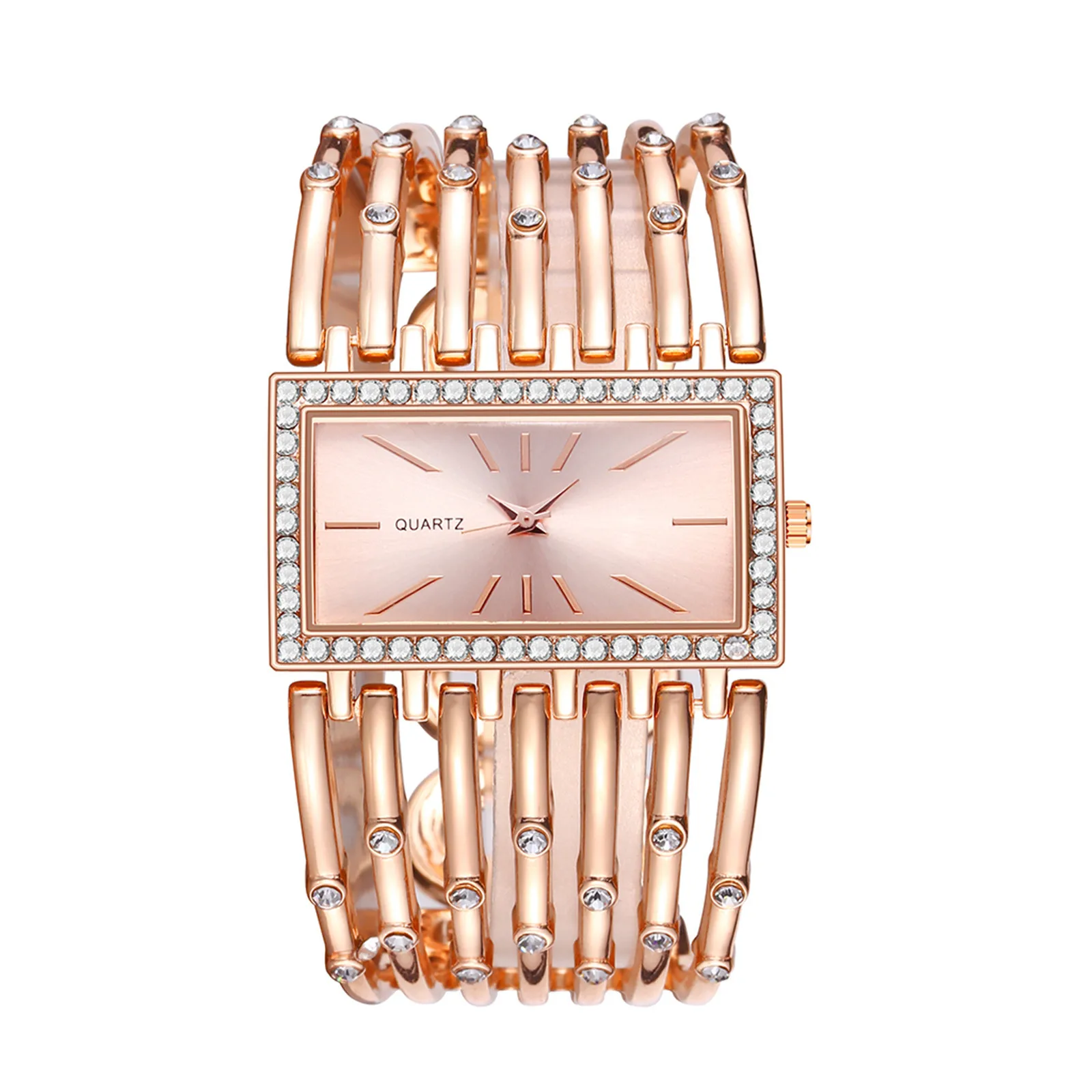 

PopWomen Watch Rose Gold Hollow Steel Strap Montre Femme Simple Vintage Rectangle Diamond Dial Quartz Wristwatch Female Clock