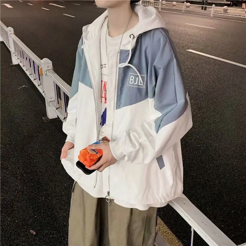 

Мужская куртка с капюшоном в гонконгском стиле, трендовая куртка контрастных цветов, универсальная Осенняя повседневная спортивная куртка...