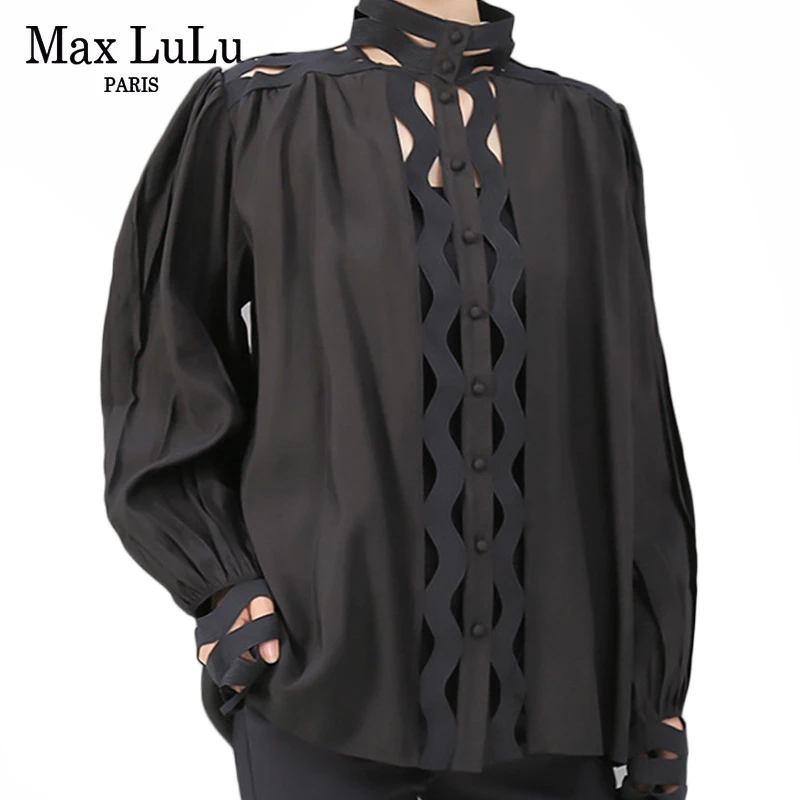Max LuLu/модные корейские женские топы в стиле панк, хлопковые блузки, осенние женские сексуальные рубашки с дырками, Безразмерные с высоким воротом, свободная одежда
