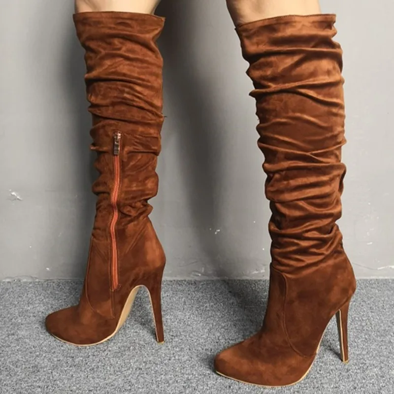 Красивые модные сапоги замша украшение от морщин до колена банкетные на высоком