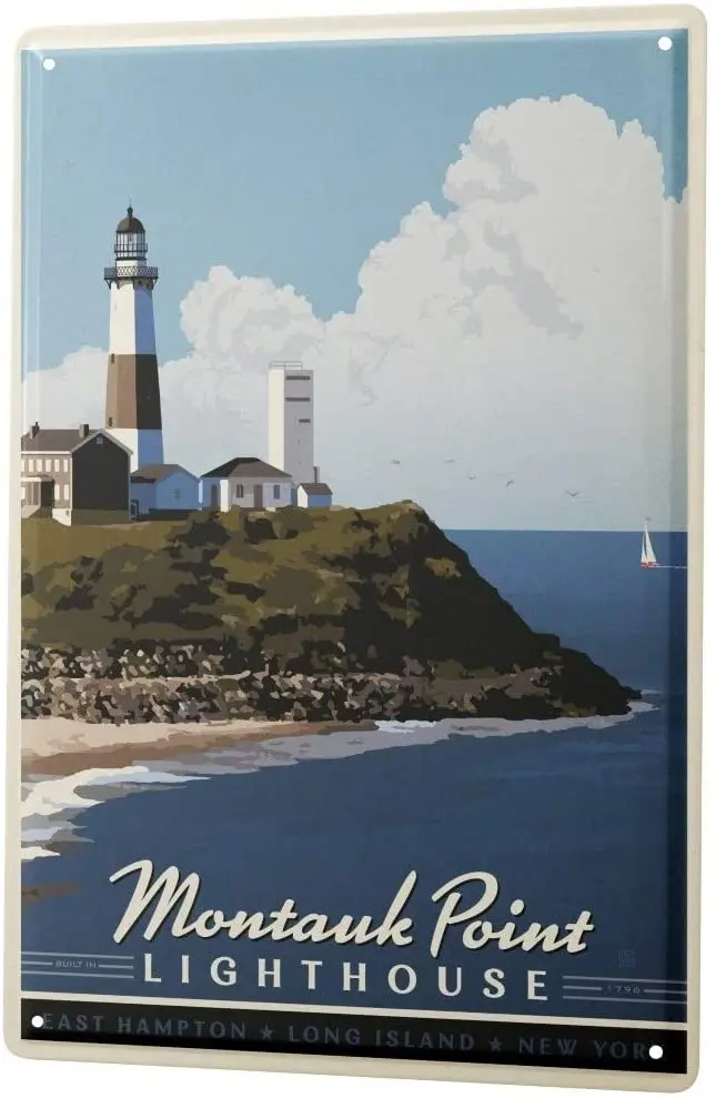 

Tin Sign Metal Plate Decorative Sign Home Decor Plaques Globetrotter Montauk Point NY Metal Plate 8X12