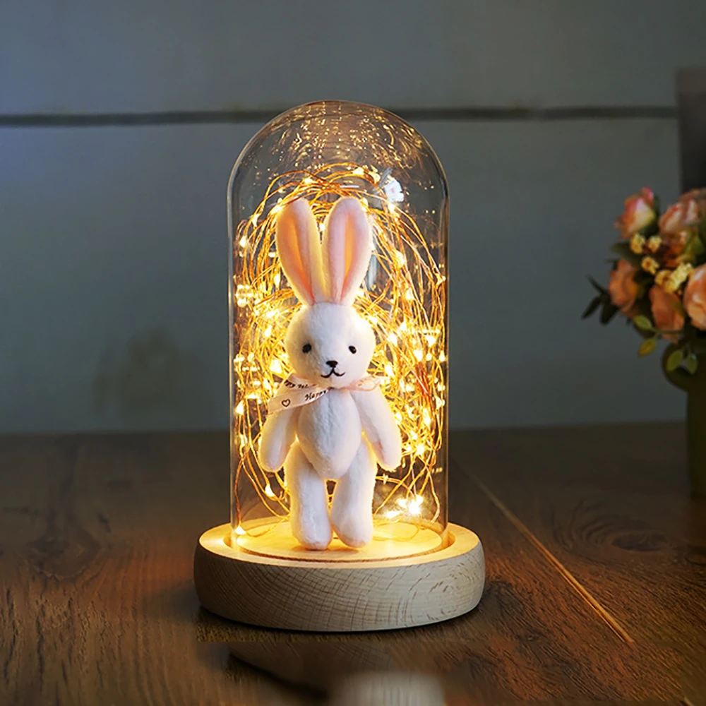 rabbit Ночной светильник с питанием от USB, креативный стеклянный Мишка/кролик, окружающий светильник для рождества, новинка, праздничные подарки, домашняя декоративная бутылка из стекла - Испускаемый цвет: rabbit
