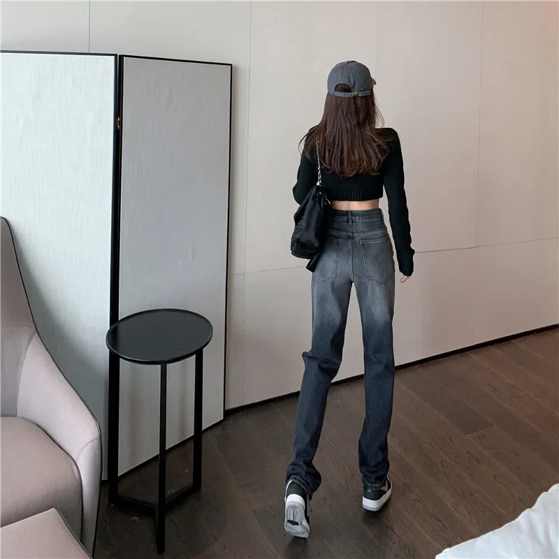 

Gradient Color Loose Straight Jeans Women Casual Dark Grey High Waist Denim Pants Vntage Streetwear Trousers Female 2021 New