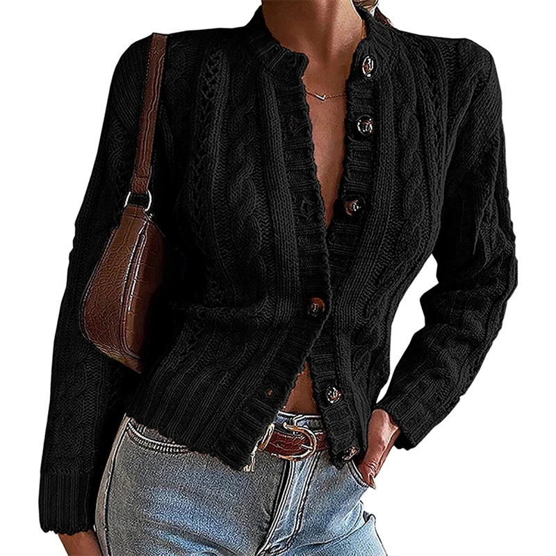 

Hirigin 2021 Women Sweater Cardigan with Twist Knit Buttons Simple Color Casual Style Spring Clothing Streetwear