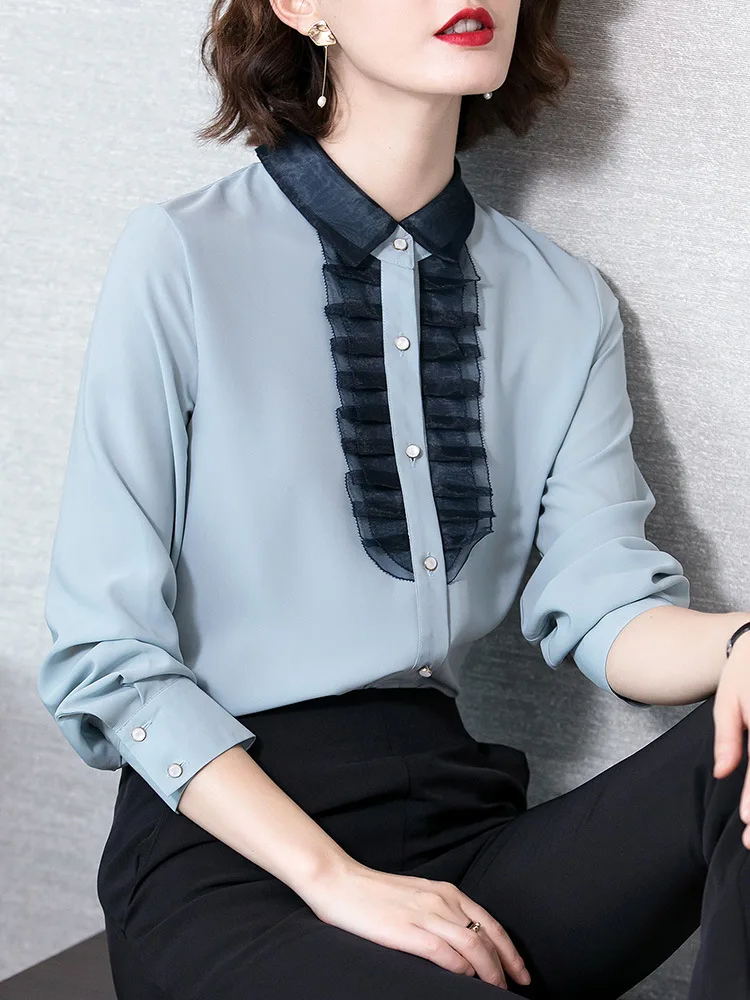 Женская винтажная блузка с длинным рукавом элегантная однотонная голубая