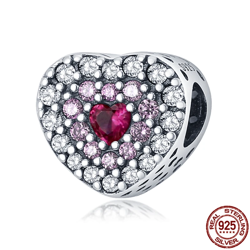 

Genuine 925 Sterling Silver Zircon Red Peach Heart Beads Fit Original 3mm Bracelet&Bangle Making Fashion DIY Jewelry For Women