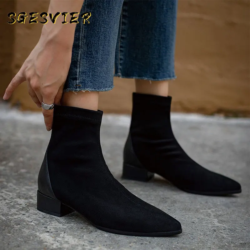

SGESVIER Elegant Suede Leather Pointed Toe Ladies Ankle Boots Side Zipper Thick Heels Pumps Winter New Party Casual Shoes Woman