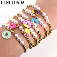 5pcs gold pearls bead chain bangle bracelets for women fashion charming cute enamel donut pendant bracelets jewelry