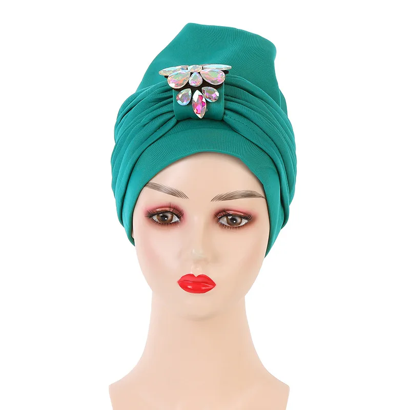 

2021 Diamonds Turban Caps for Women Ready to Wear African Headtie Ladies Head Wraps Muslim Headscarf Bonnet Nigeria auto gele