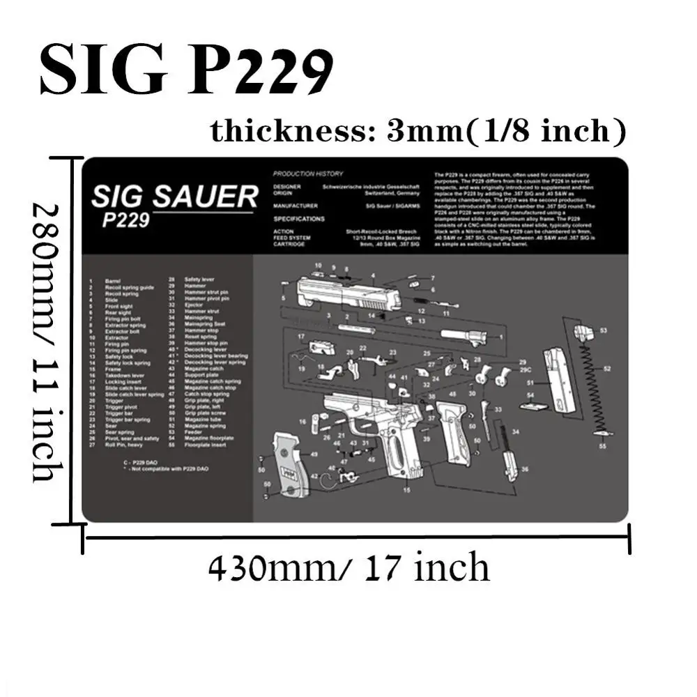 Sig Sauer P229 Водостойкий пистолет резиновый коврик для чистки Glock 1911 Beretta HK USP SIG P226 AR15 AK47 Remington с армирующими частями список коврик для верстака - Цвет: Sig Sauer P229