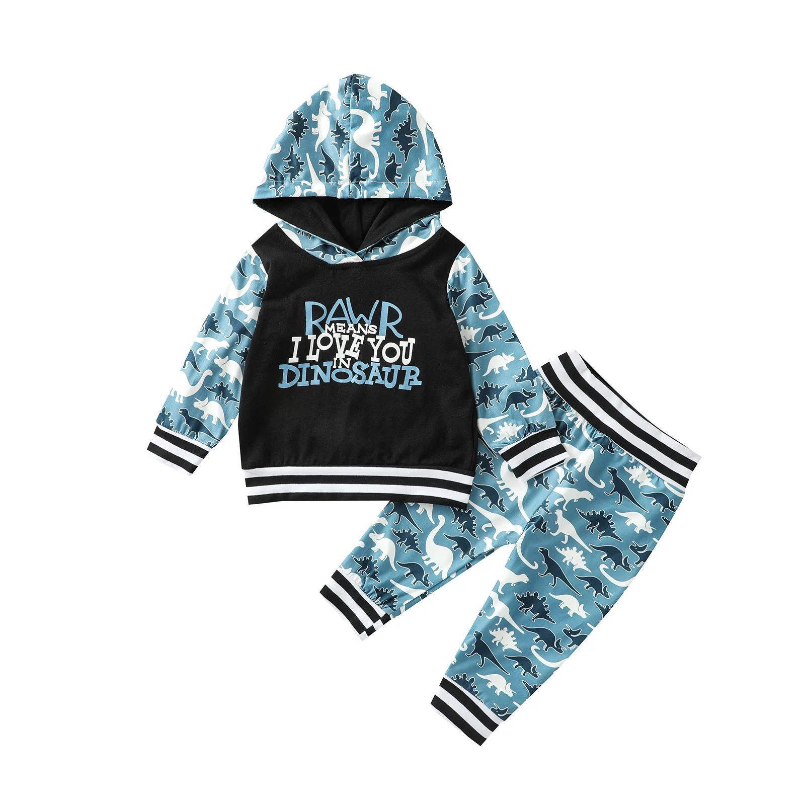 

2021 2 Pcs Newborn Color Block Outfits, Baby Dinosaur & Letter Print Long Sleeve Hooded Pullover + Trousers