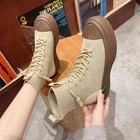 Женские высокие сапоги из эластичной ткани на шнуровке, сезон весна-осень 2021, повседневная Студенческая женская обувь для отдыха, сапоги с массивной подошвой и круглым носком