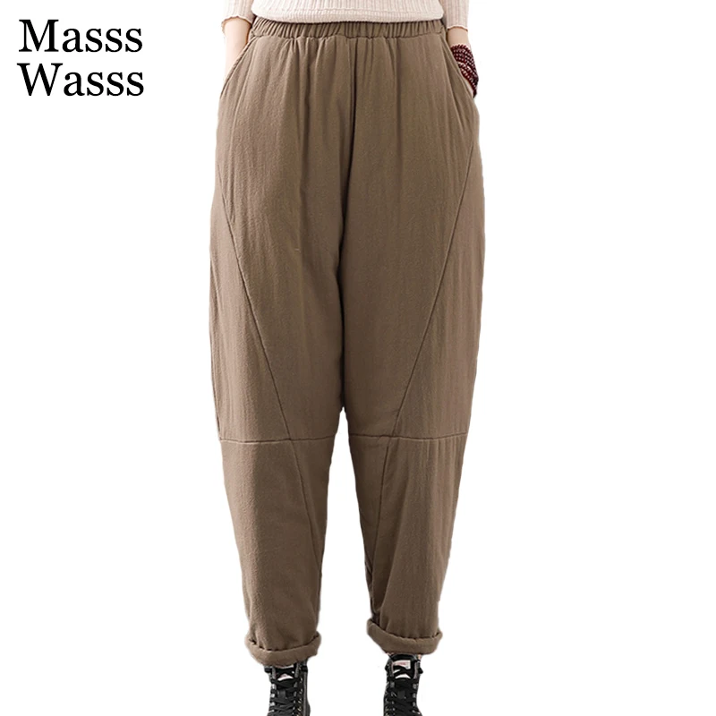 

Masss Wasss Womens Elastic Design Vintage Harem Pants New 2021 Winter British Style Solid Loose Casual Pantalons Padded Trousers