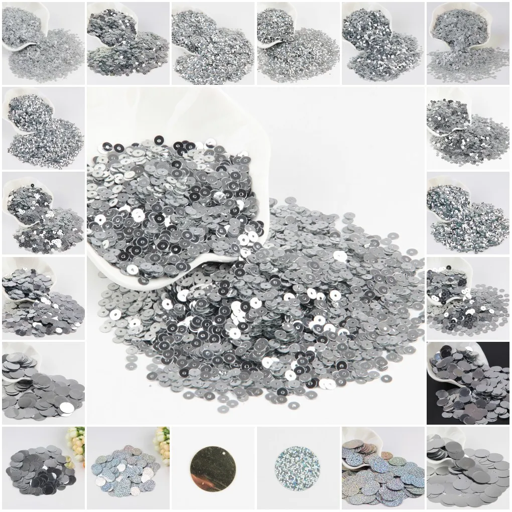 Silver Sequins 3mm-50mm Cup Flat Round PVC Loose Sequin for Craft Paillette Sewing Decoration DIY Accessory Lentejuelas 10g