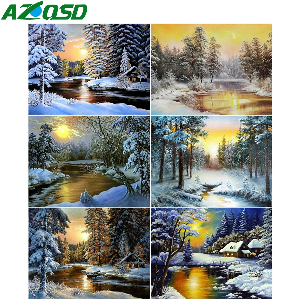 

AZQSD Diamond Embroidery Mosaic Tree House Full Square Drill Decor For Home Diamond Painting Winter Scency Handmade Craft