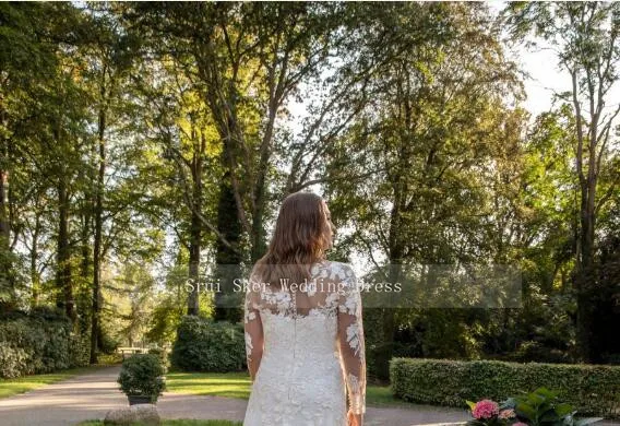 Elegant Sheath Champagne Wedding Dress Long Sleeve with Appliques Tulle Gowns 2019 Bridal Dresses Custom Made | Свадьбы и торжества