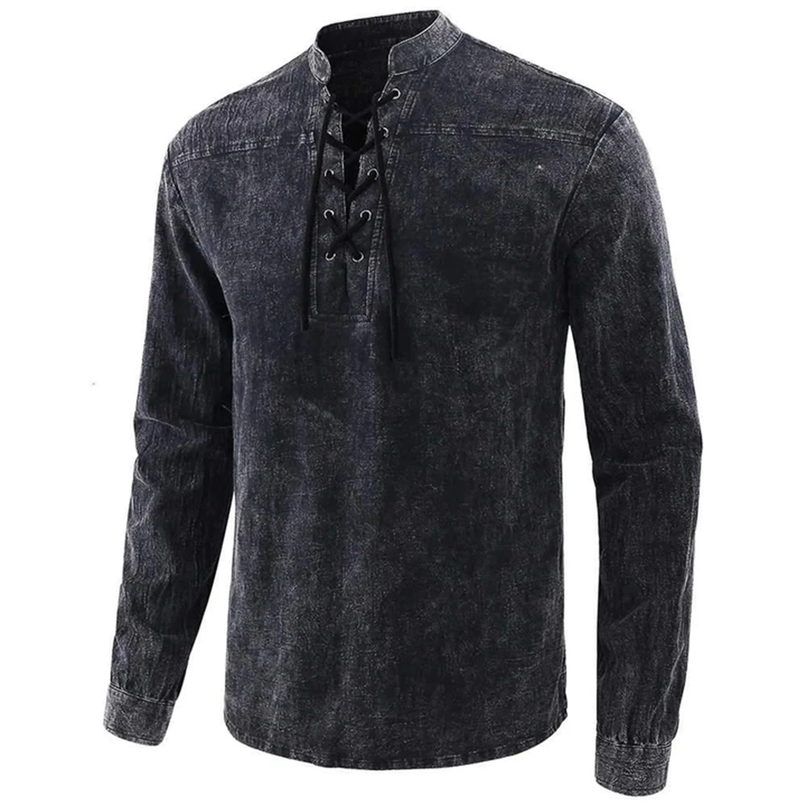 

2020 Men Gothic Retro T Shirt Lace-up V-neck Denim Long Sleeve Tee Shirt Loose Tops for Male TT@88