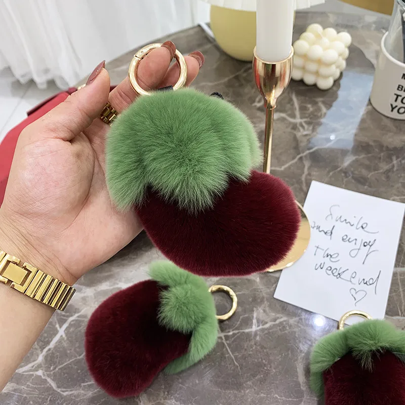 12cm Real Rex Rabbit Fur Keychain Pompom Ball Cute little eggplant Fluffy Keyring Handbag Car Pendant Metal Ring Gift | Украшения и
