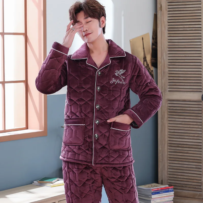 Pajamas Men Winter Three-layer Thick Coral Velvet Quilted Plus Velvet Flannel Home Service Youth Suit Pijama De Hombre Invierno